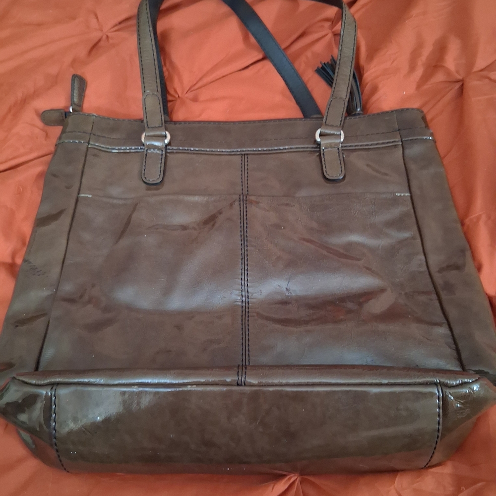 Vintage Brighton Shiny Brown Tote with Silver Accents - Picture 3 of 13
